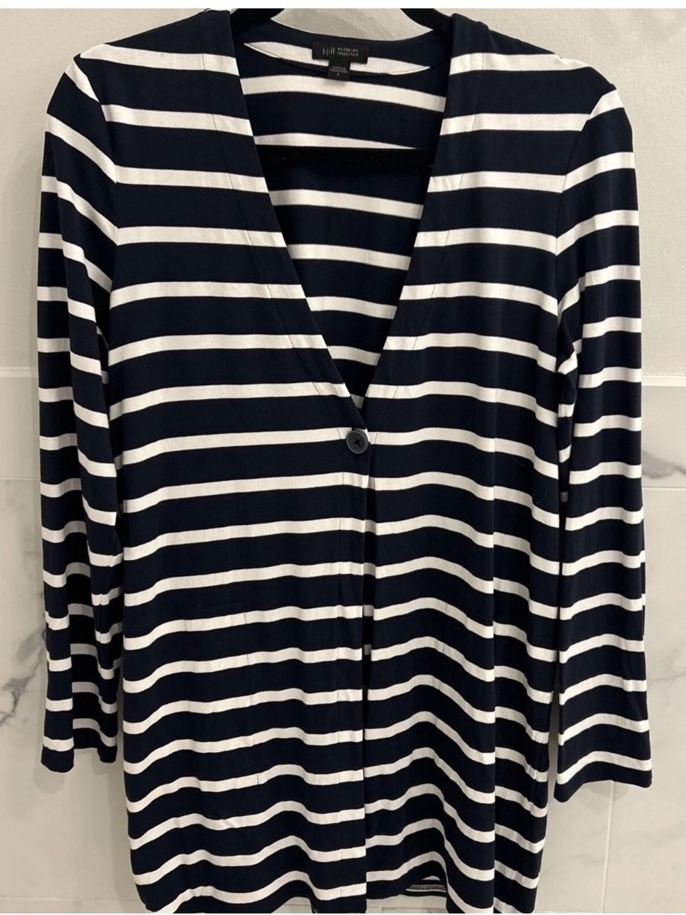 J. Jill Navy and White Striped V-Neck Single-Button Cardigan